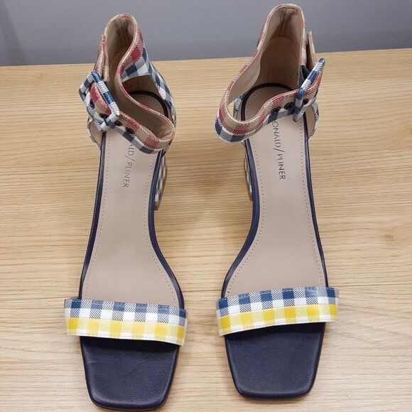 DONALD PLINER Heels Womens Size 9.5 Blue Gingham Ankle Strap Open Toe WATSON - Picture 3 of 9